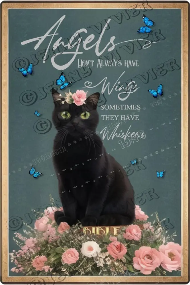 Angels Don;t Always Have Wings Sometimes They Have Whiskers Black Cat Memorial Tin Sign, Cat Gifts for Cat Lovers, Black Cat Ang