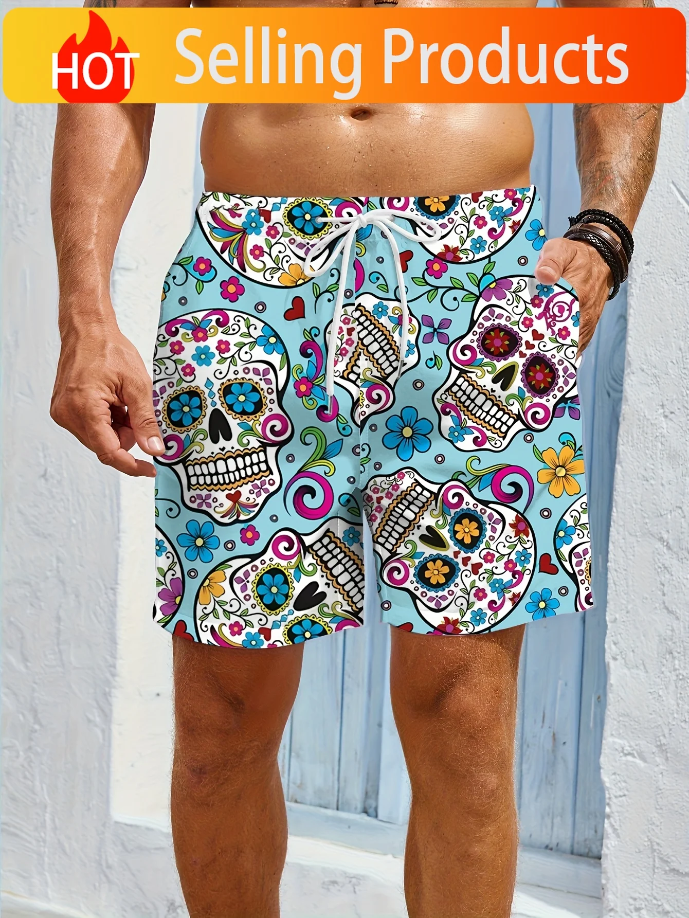 Men's Casual Fashion Loose-Fit Skull Print Shorts for Outdoor Gym and Beach [Printed Design - Not Textured]
