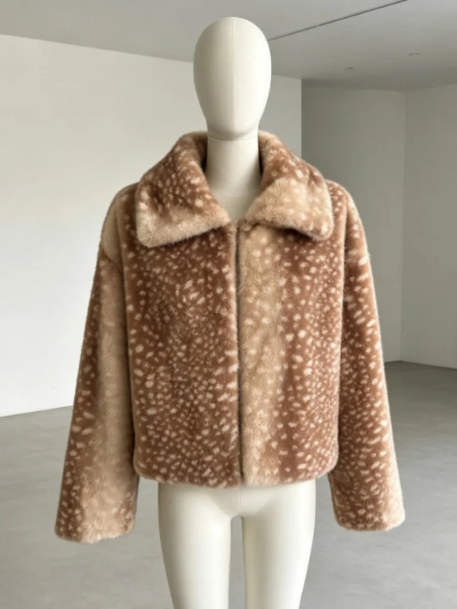 IG 2026 New Women Deer Spot Print Faux Fur Cropped Jacket Turn Down Collar Long Sleeve Camel Warm Winter Coat