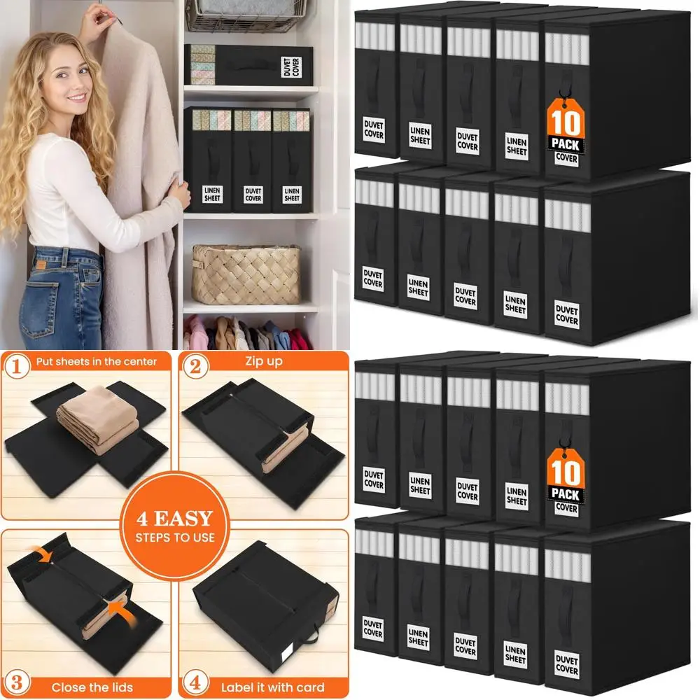 

Under Bed Storage Organizer for Bed Sheets, Duvet Covers, and Blankets with Label Cards (10 Pack, Black)