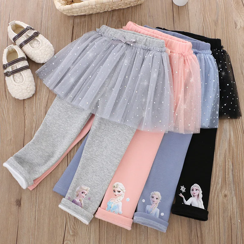 Winer Fleece Cotton Girls Skirt Pants for Children Frozen Elsa Princess Skirts Baby Girl Pink Blue Trouser Lace Kids Leggings