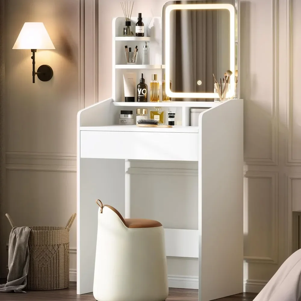 

Small Vanity Desk with Mirror and Lights, Makeup Vanity with Drawer & Storage Shelves, 3-Mode Lighting Desk w/ Adjustable Bright