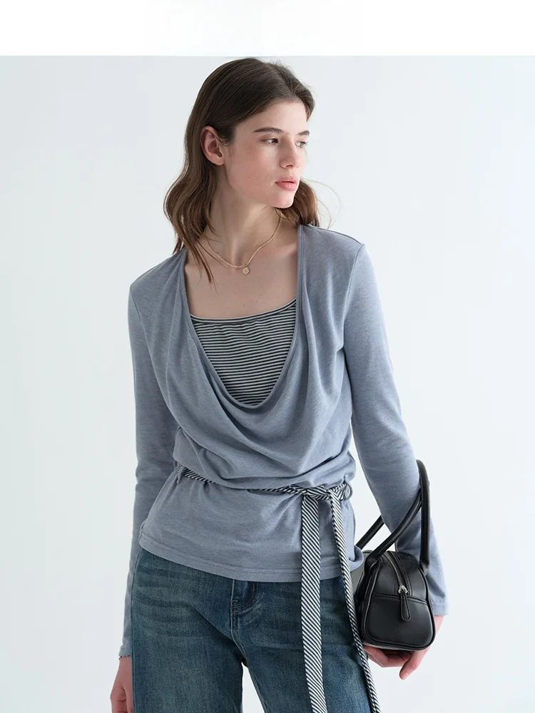 

Fashionable T-Shirt Women's Spring 2026 New High Waist Belted Elegant Top Casual Style Fake Two-Piece Hanging Collar Long Sleeve