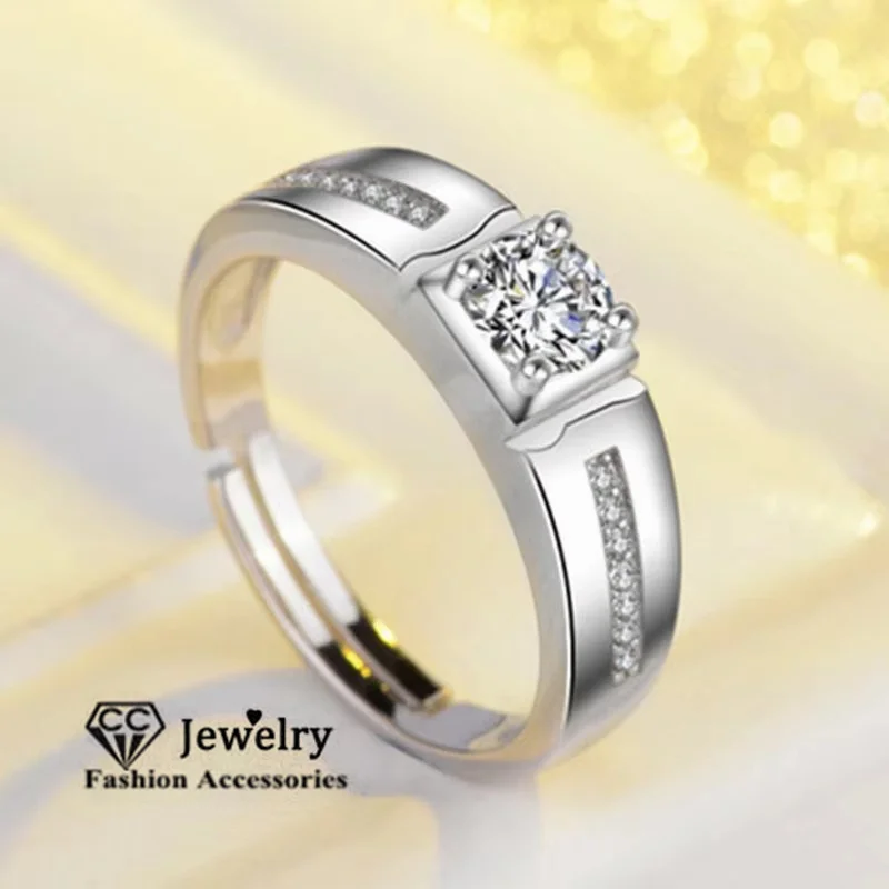 

CC Adjustable Men Rings Sterling Silver Color Fine Jewelry Engagement Wedding Couple Party Accessories White Zirconia CC679