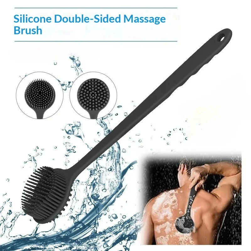 Langstieliger Silikon-Körperbürste für die Rückenreinigung unter der Dusche, zur Tiefenreinigung und Massage, doppelseitige, weiche Borsten