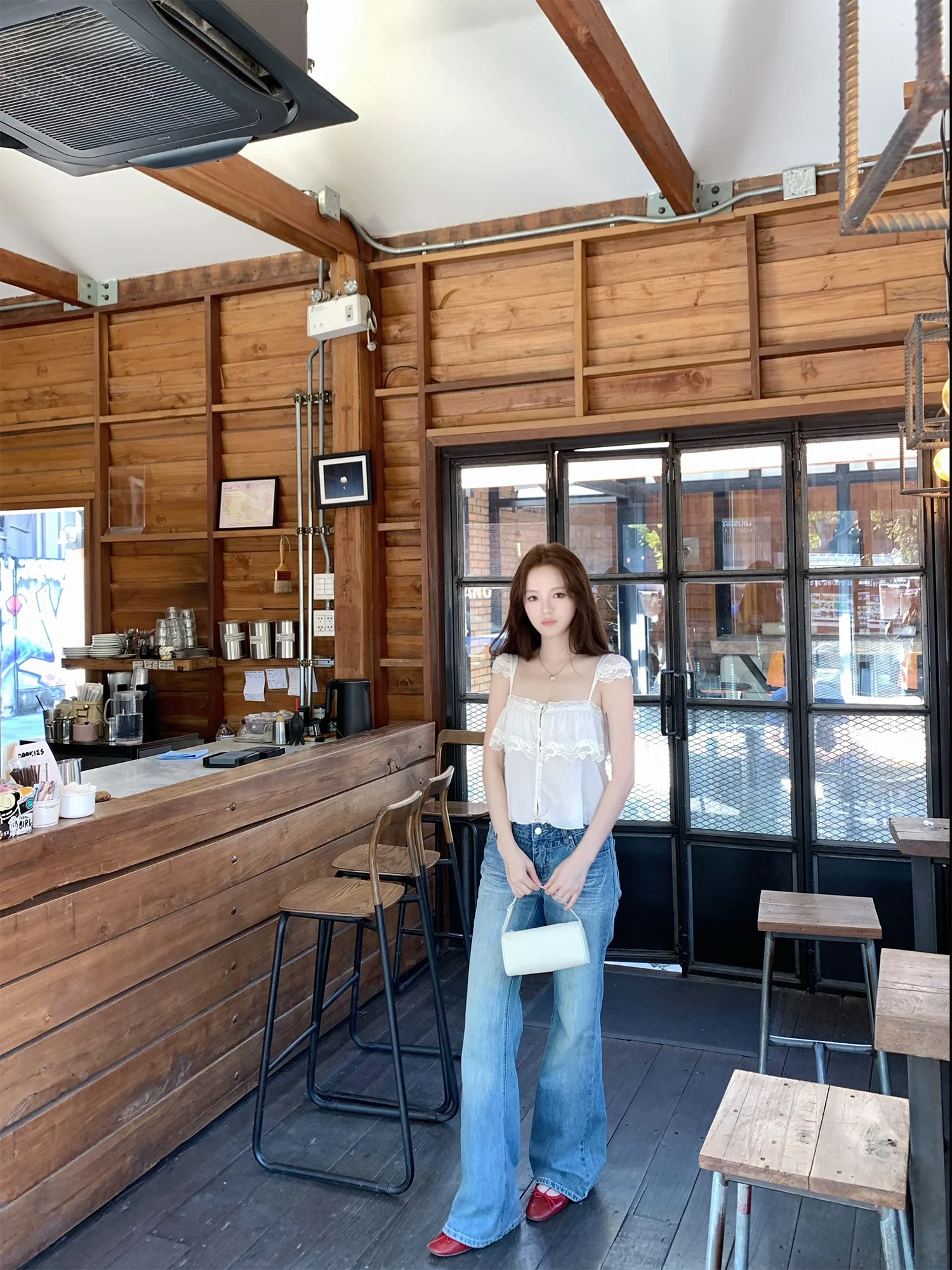 

Neurcz High Waist Straight Leg Jeans Women's Spring Cotton Lace Patchwork Slimming Jeans Vintage Style Long Pants