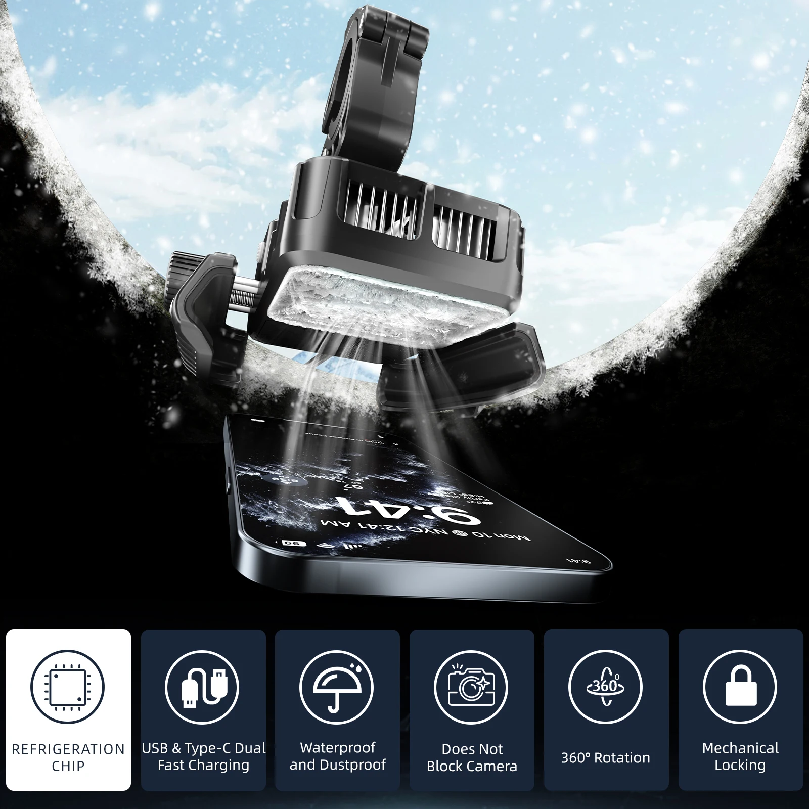 Type-C and USB Charging Port Phone Holder with Cooling Fan 360-degree Rotatable PA66 Material Motorcycle Phone Holder