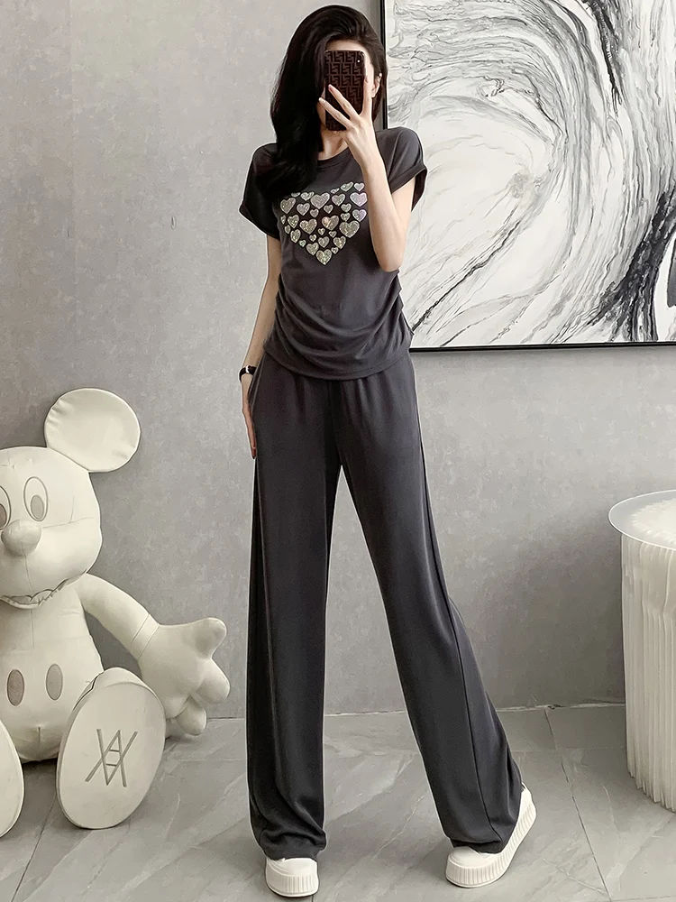 

Salt Series Women's Summer Sportswear Set Short Sleeve T-Shirt And Grey Wide Leg Pants Two Piece Slimming Casual Sportswear