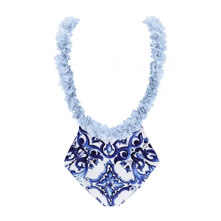 Retro One Piece Swimsuit Backless Applique Blue and White Porcelain Printed Pwimsuit Suit Women