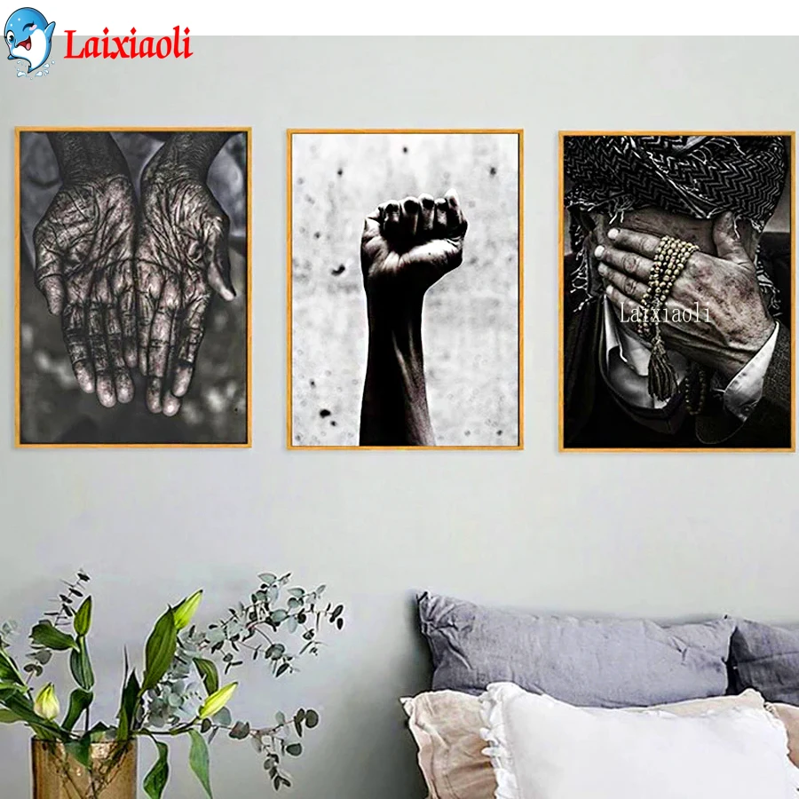 African Black,White Wall Art Hands ,Fists Diamond Painting Triptych, inspirational decoration Cross Stitch Mosaic Embroidery New