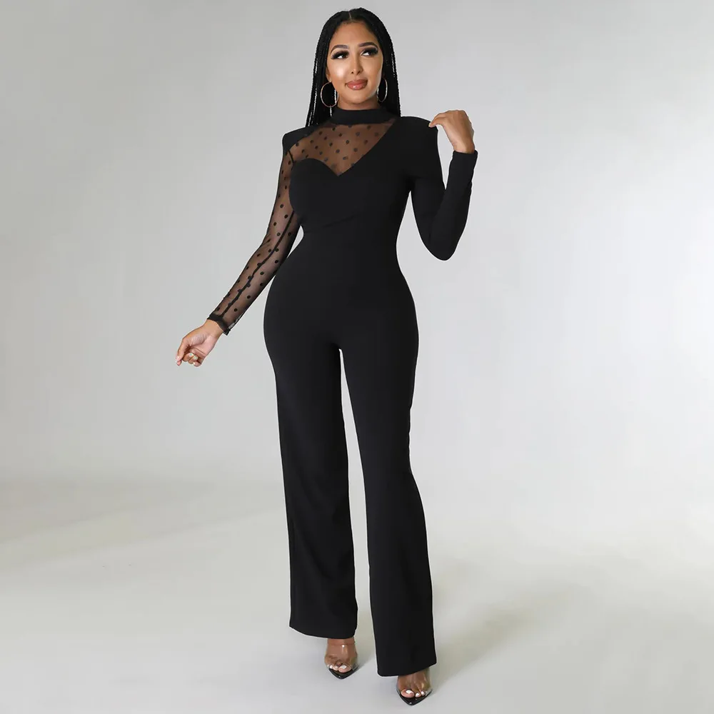 

Elegant Mesh Patchwork See Through Long Sleeve Straight Jumpsuit Women Wide Legs One Piece Rompers Office Lady Outfits