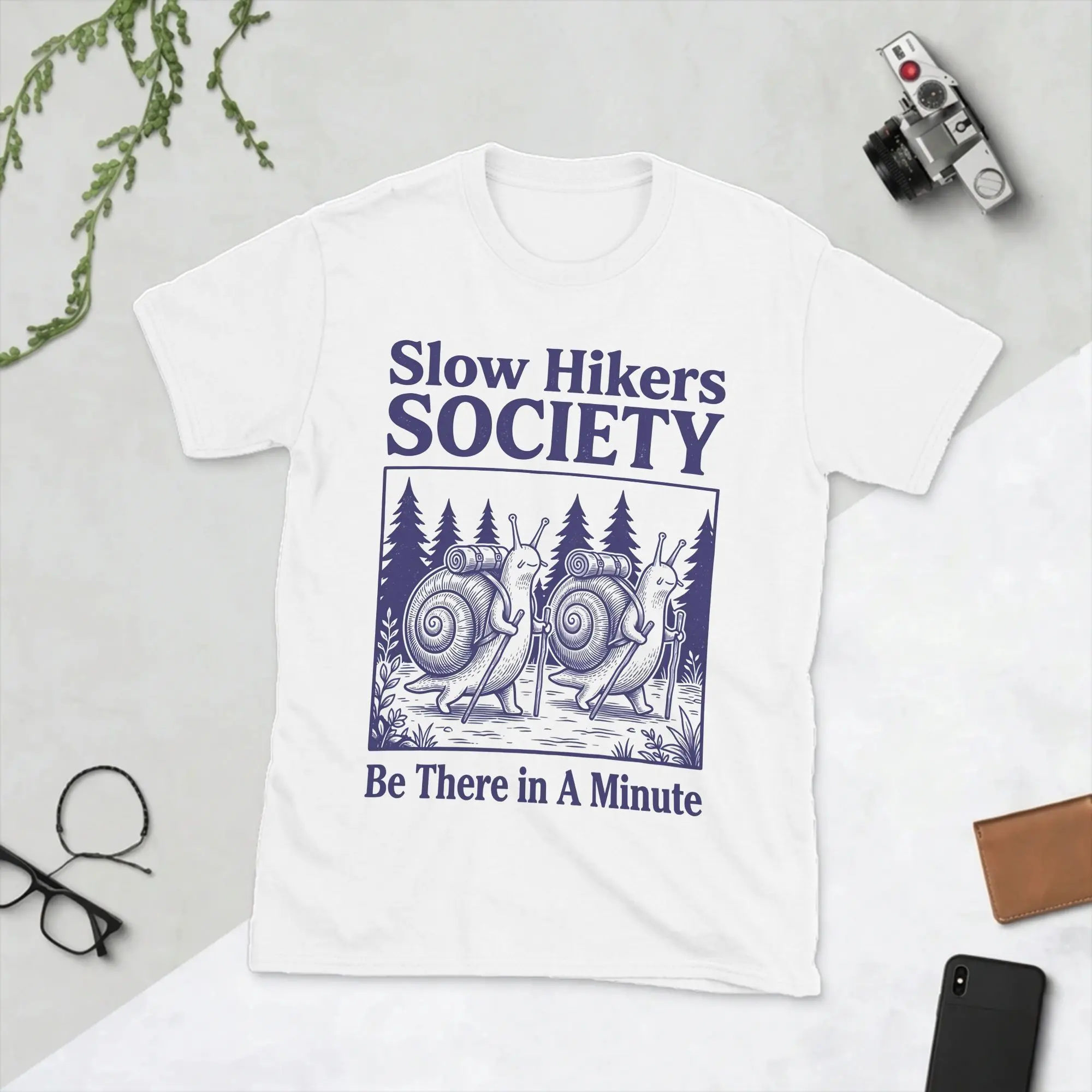 Slow Hikers Society Be There in A Minute Men's T Shirt Snail Hiking  Vintage Tee Shirt Short Sleeve T-Shirt Cotton Clothing