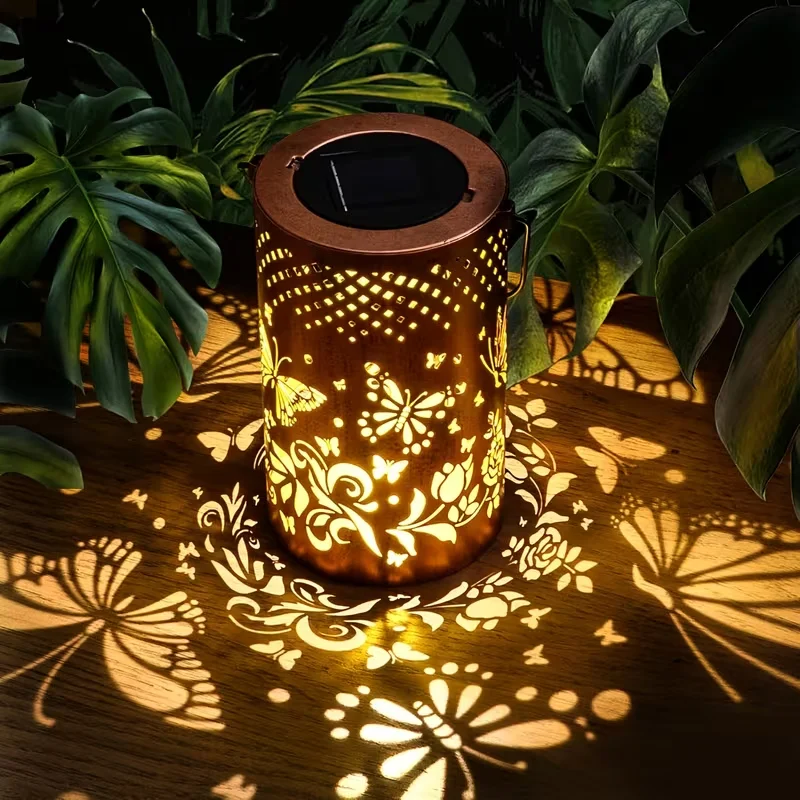 Solar Powered Butterfly LED Lantern Outdoor Hanging Light with On/Off Switch Metal Decorative Lights for Garden Yard Porch Lawn