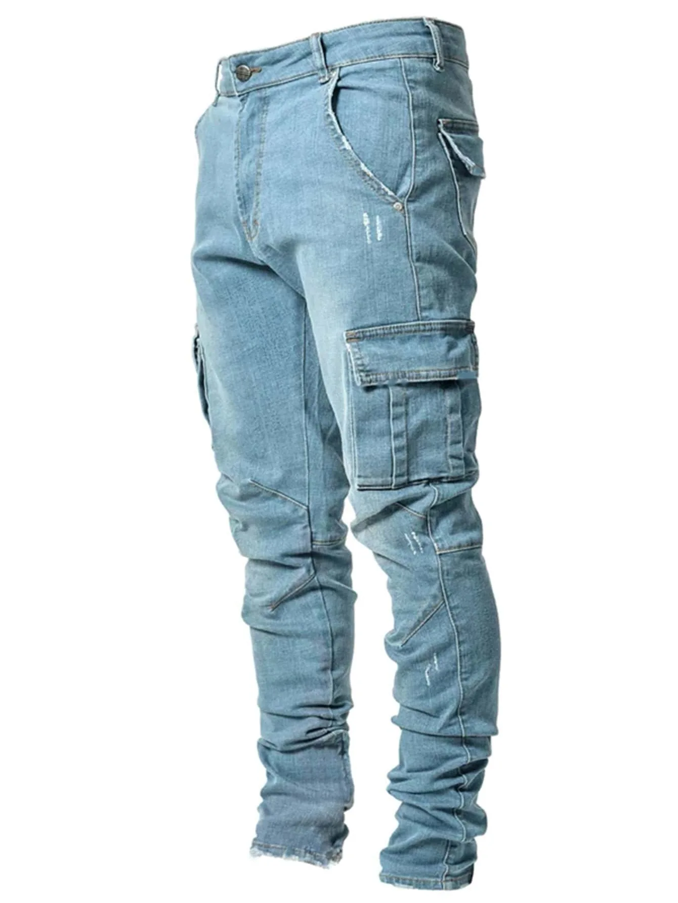 Calça Lápis de Cintura Alta Masculina, Jeans Jeans, Comprimento do Tornozelo, Zíper, Bainha Bolsos, Fino, Streetwear leve, Cor Sólida