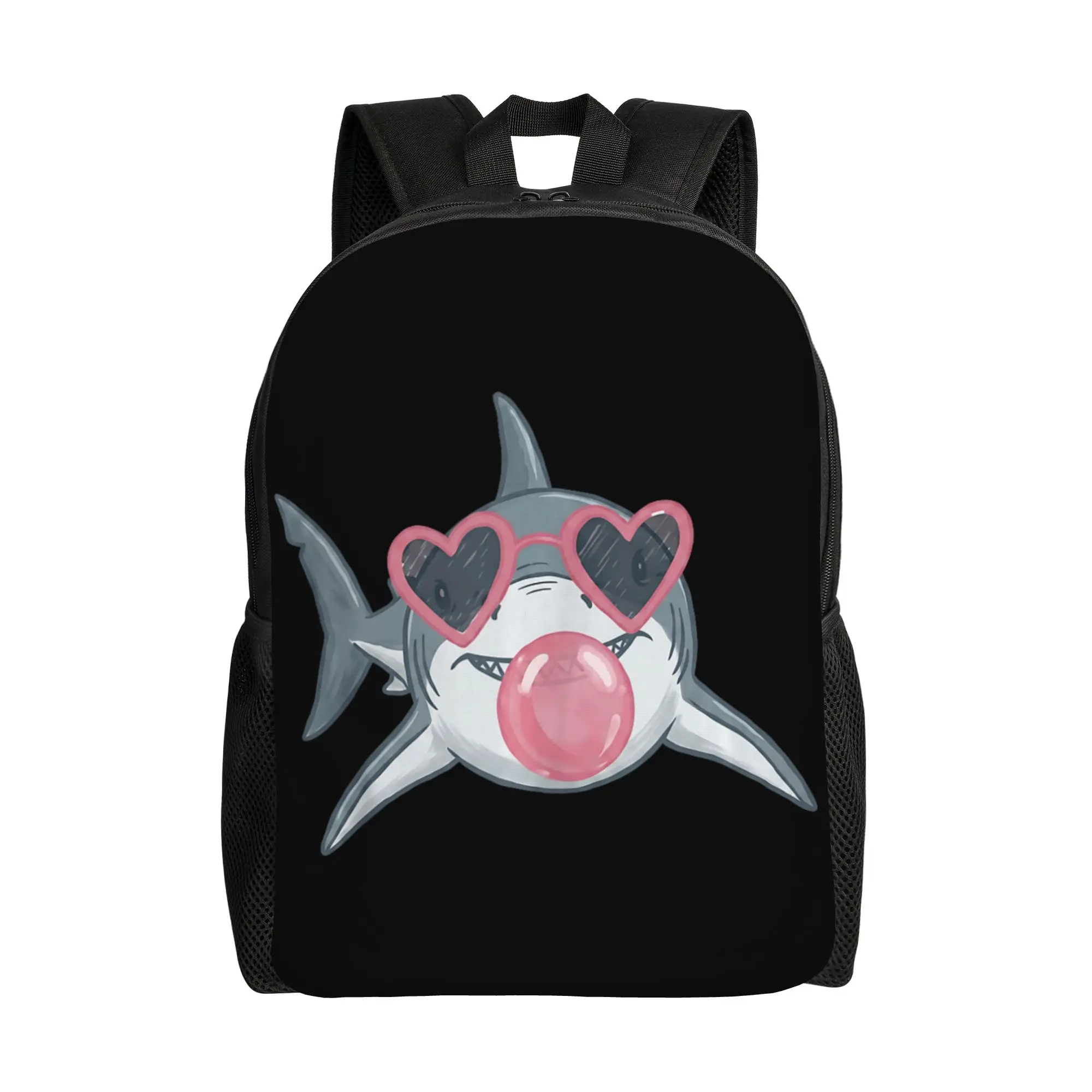 Shark Blowing Bubble Heart Sunglasses Beach Vacation Week Backpack  Teen Polyester Camping Backpacks Print Kawaii School Bags