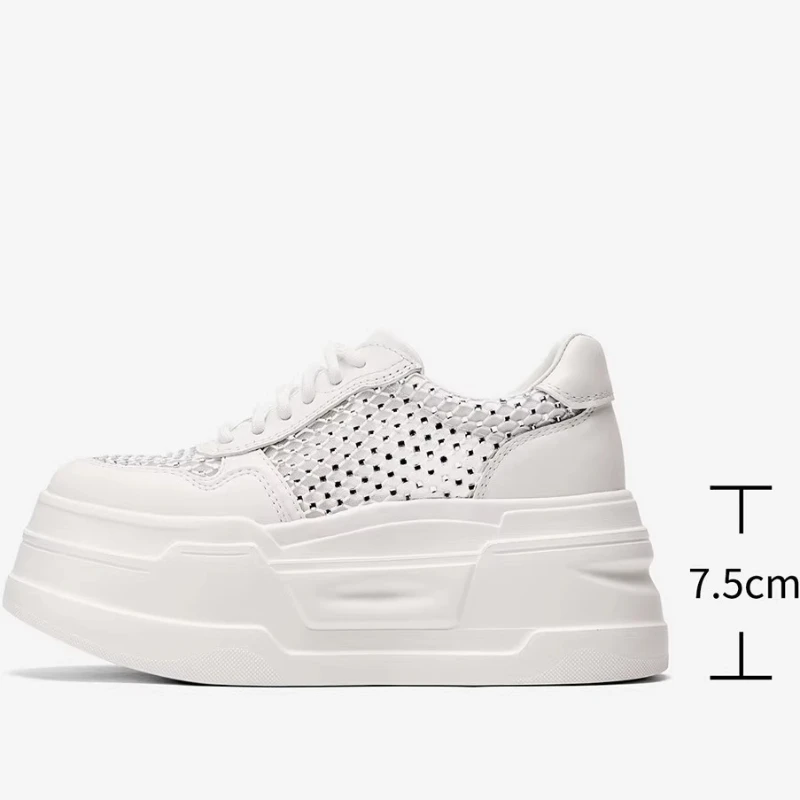 Genuine Leather Mesh Diamond White Shoes Women's Spring Summer Height-increasing Shoe Comfortable Breathable Casual Sports Shoes