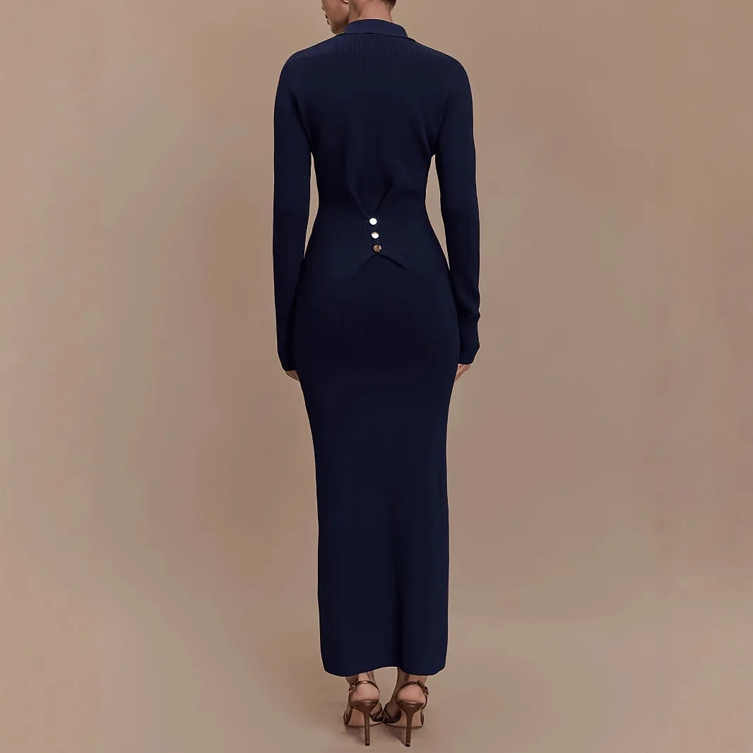 เสื้อสเวตเตอร์ถักไหมพรมทรงเข้ารูป สไตล์ยุโรป สีน้ำเงิน สำหรับผู้หญิง  ผ้าโพลีเอสเตอร์  สำหรับฤดูใบไม้ร่วงและฤดูหนาว  กระดุมติด  ช่วยให้ดูผอมเพรียว