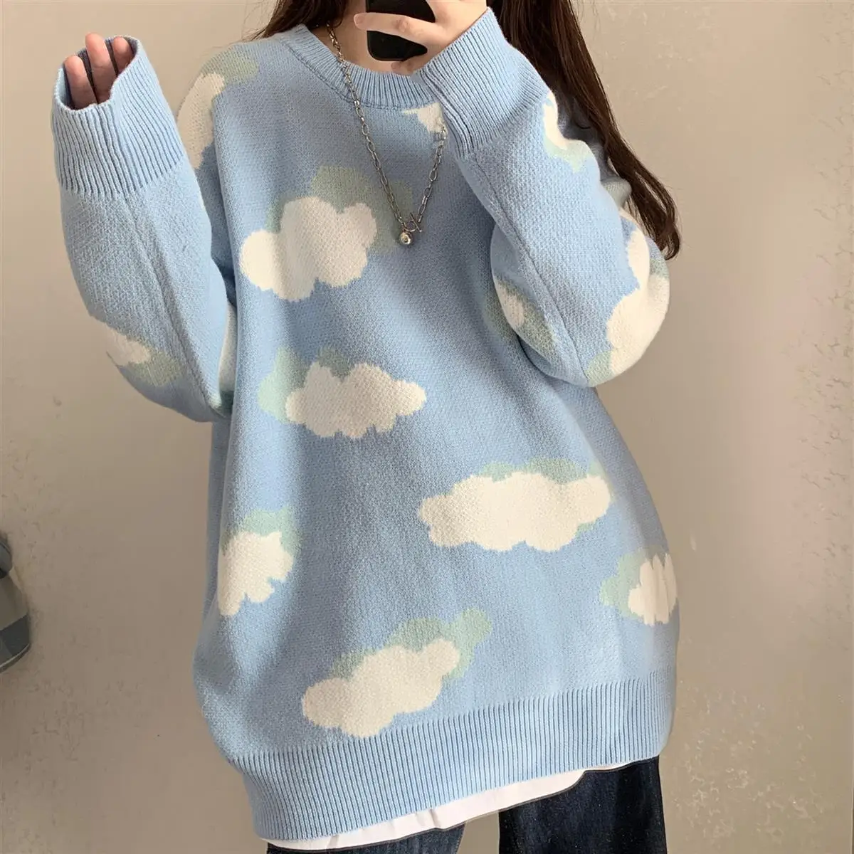 Sweater Women Korean Fashion Clouds Print Chic Sweet Simple Soft Loose Autumn Spring Pullover O-Neck Knitwear Sweaters