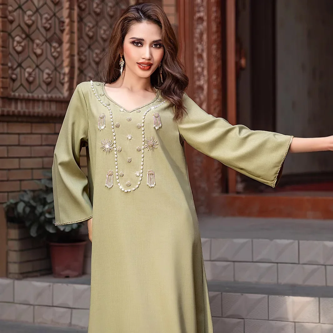 Ramadan dubaï Abayas perles Jalabiya Eid Djellaba turquie caftan femmes musulman Maxi Robe Caftan Marocain Femme Robe robes