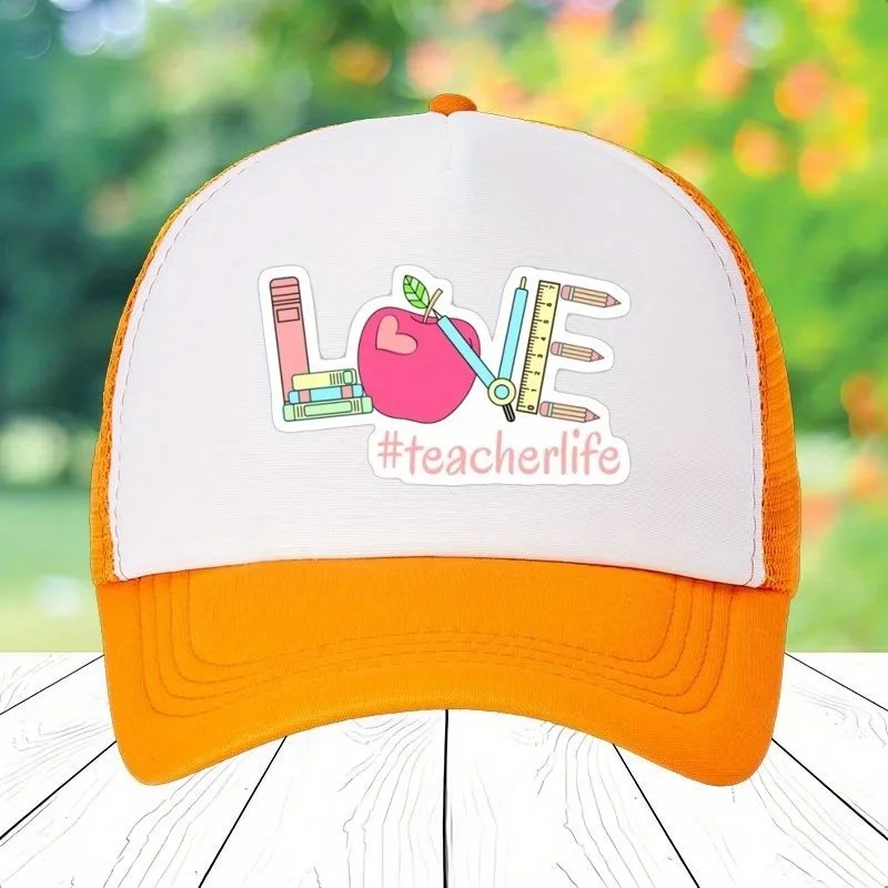 Teacher Appreciation Gift Baseball Cap - LOVE design with #teacherlife, Two-Tone Orange/White Hat, School Icons Teacher