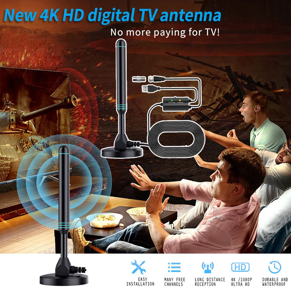 4K/1080P HD Digital TV Antenna Magnetic Base 480+ Miles Indoor Outdoor Antenna VHF UHF Digital HD Aerial for TV Receiver DVB-T2