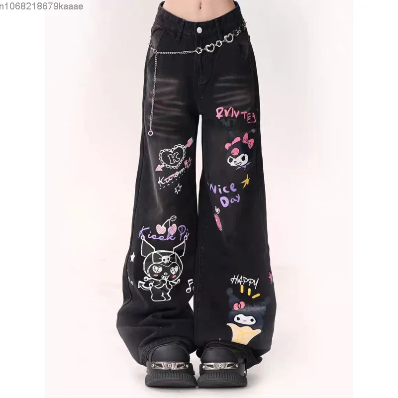 Sanrio Kuromi Printed Micro Flared Jeans Korean Streetwear Loose Straight Trousers Y2k Female Fashion High Waist Wide Leg Pants