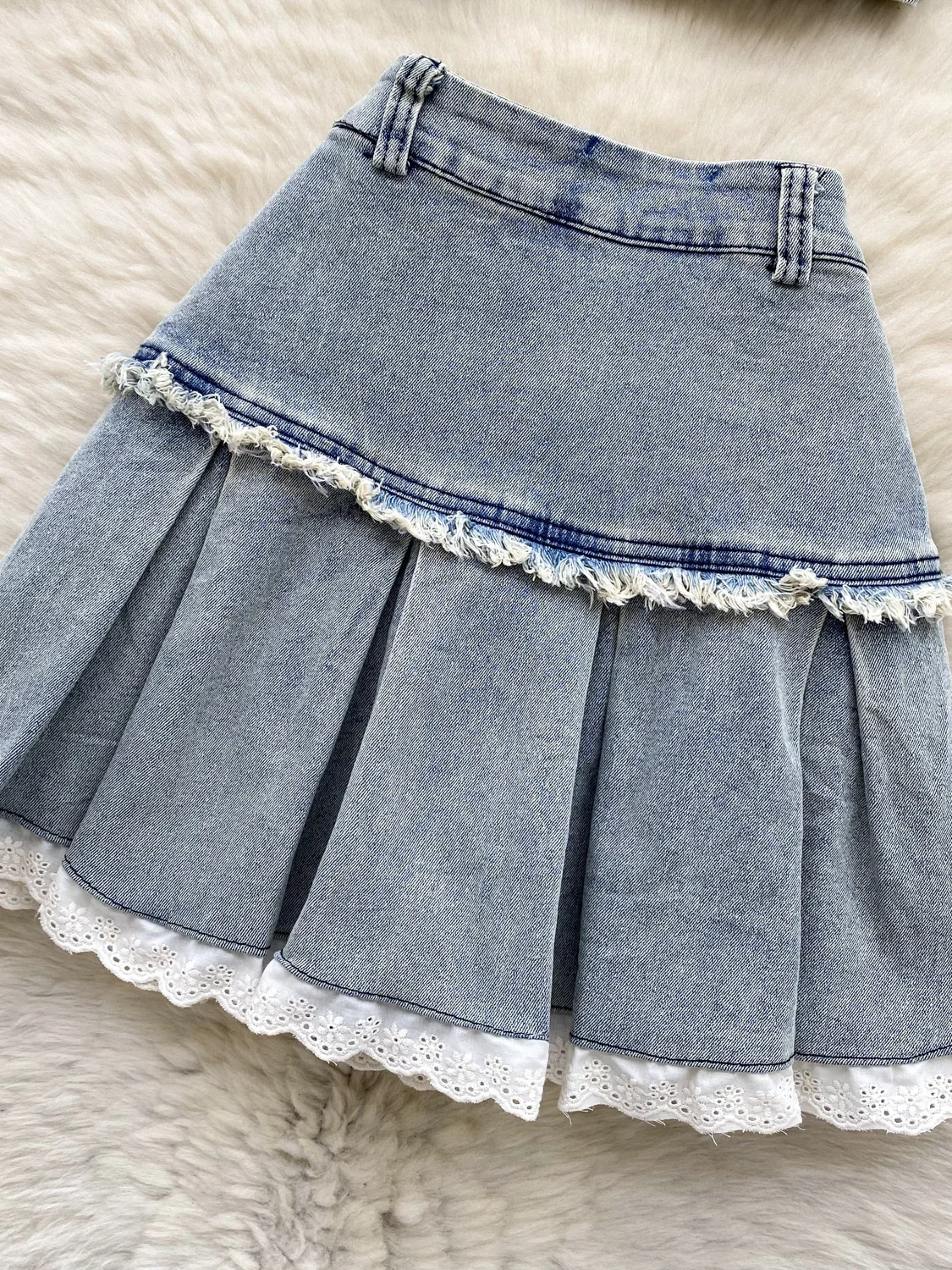 

Retro Lace Trim Frayed Hem Denim Set Women Summer Strapl Crop Top High Waist Pleated Skirt Faionable Ensemble