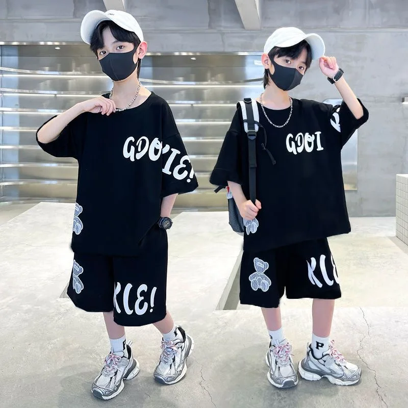 

Summer School Kids 2PCS Tracksuit Boys Cotton Alphabet Cartoon T-Shirt Tops+Shorts Pant Workout Sets Child Jogging Outfit 5-16Yr