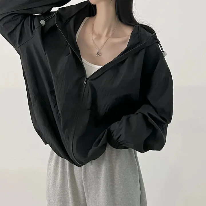 

Летняя легкая свободная ветровка с солнцезащитным кремом и капюшоном, новинка 2023 года, дышащая уличная тонкая куртка для женщин, плащ большого размера