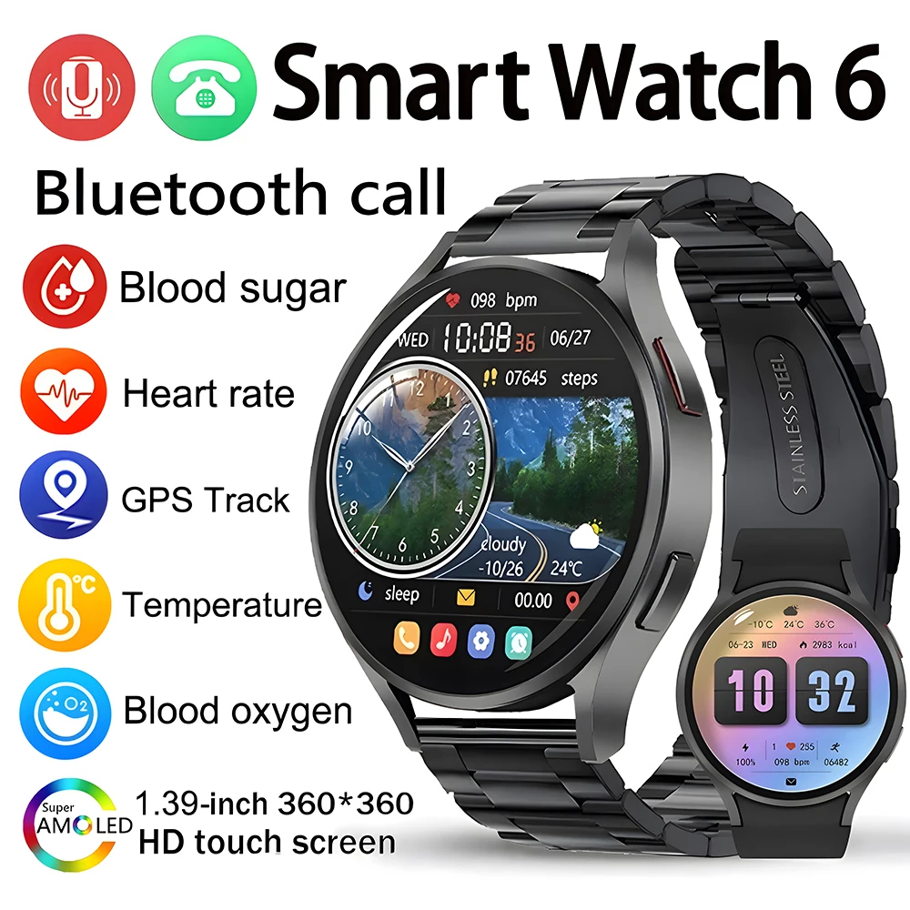 2024 New Original for Galaxy Smart Watch 6 Men GPS Sports Tracker AMOLED Screen Always Display Waterproof Blood Sugar Smartwatch