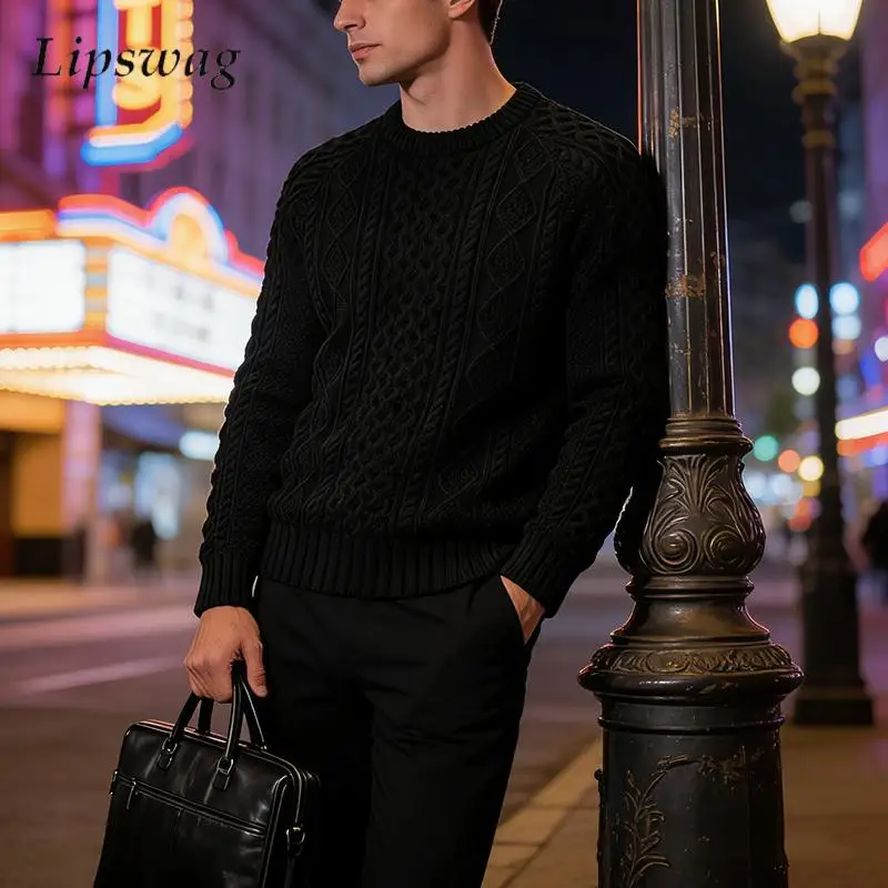 

Осень-зима, новые повседневные мужские свитера, стильные полосатые жаккардовые текстурированные вязаные джемперы, мужские винтажные тонкие вязаные свитера с круглым вырезом