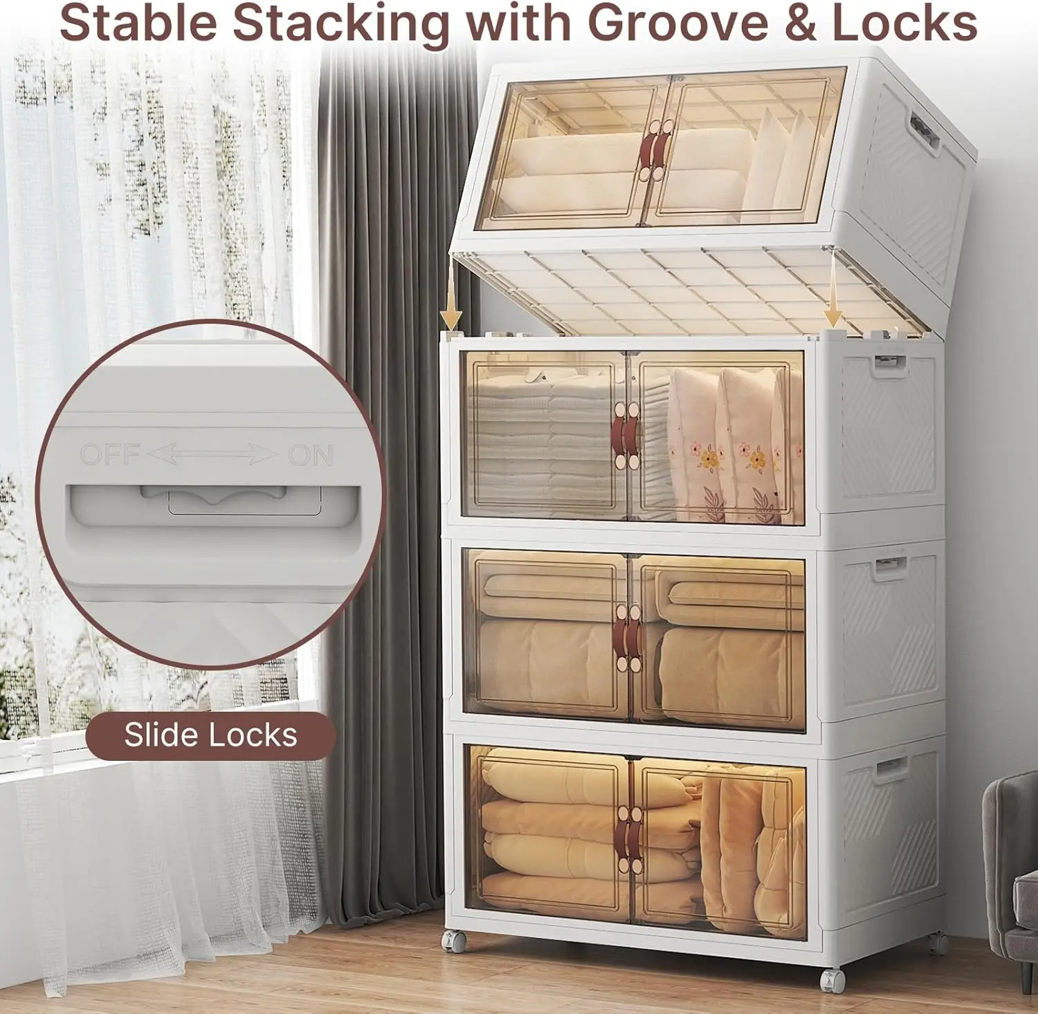

Stackable Storage Bins with Lids, 720QT Closet Organizers and Storage with Doors and Wheels, Extra Large Storage Cabinet, Collap