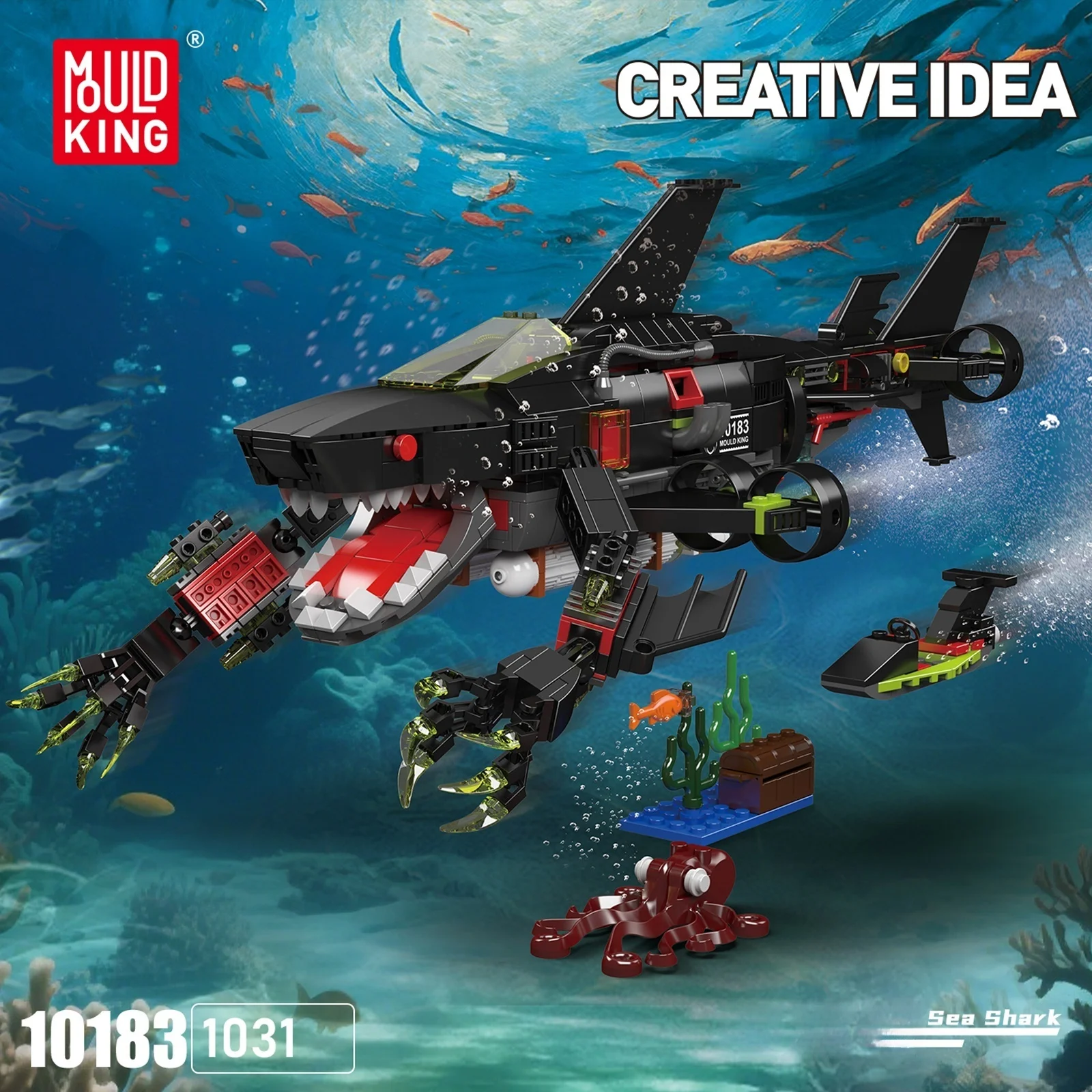 Mould King 1031PCS Mechanische Shark Modell Bausteine Set Marine Tier Serie MOC Ziegel Ornamente Kind DIY Spielzeug Geschenke 10183