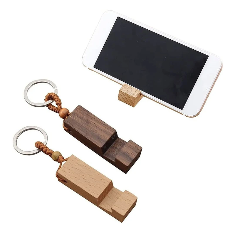 10pcs Engraving Blanks Wood Phone Holder Keychain Custom Portable Cellphone Stand Keyring DIY Pendant Personalized Gifts Bulk