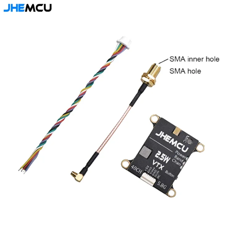 

JHEMCU 2.5W VTX 5.8G 40CH Adjustable FPV Transmitter Built-in Microphone Heat Sink 2-6S 30X30mm for RC Airplane FPV Long Range