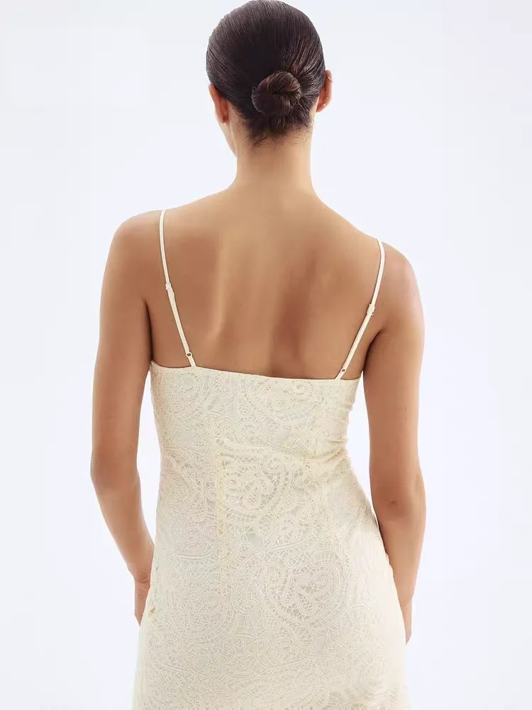 Vestido E de Renda Novo Moda de Verão Roupas Fenas Sem Mangas Midi de Cintura Alta para Festa Vestido de Cor Pura