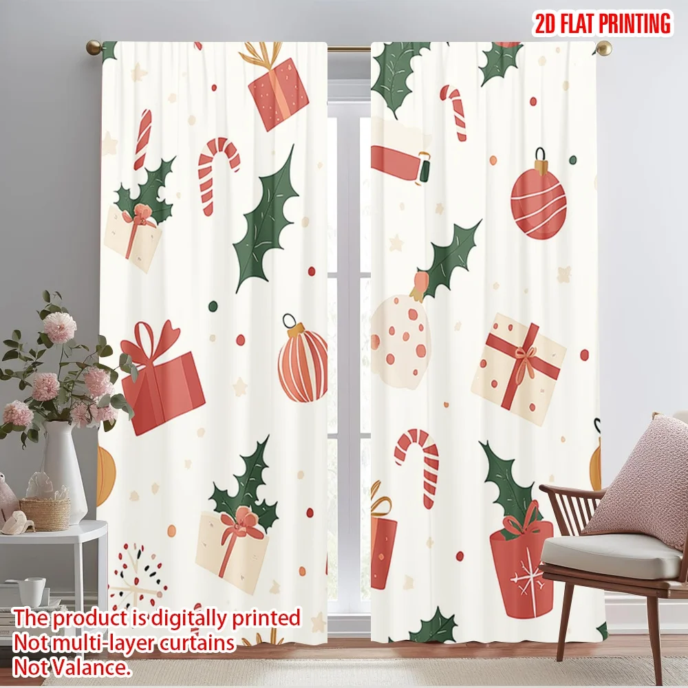 2pcs,2D plane printing Window Curtain Christmas Baubles Holly Candy Canes Durable Polyester (without rod) Home Decor Use for