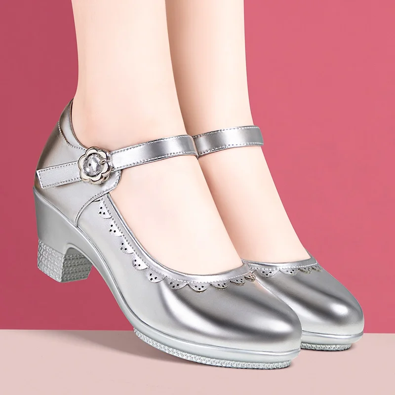 5.5cm 7cm Shallow Mouth Women\'s Soft Leather Mary Janes Platform Shoes 2026 Spring Med Block Heels Shoes for Office Dance Mom