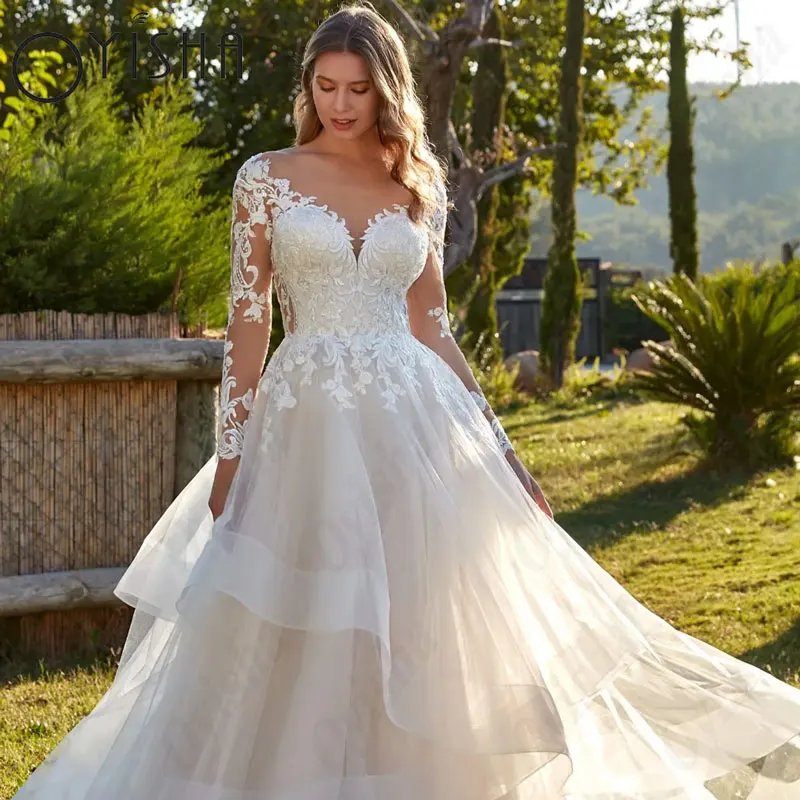 OYISHA maniche lunghe Appliques abiti da sposa scollo a v Tulle a-line Backless Illusion abiti da sposa Vestido De Mariages su misuraOYISHA Maniche complete Appliques Abiti da sposa V-Neck Tulle A-Line Backless Illusio