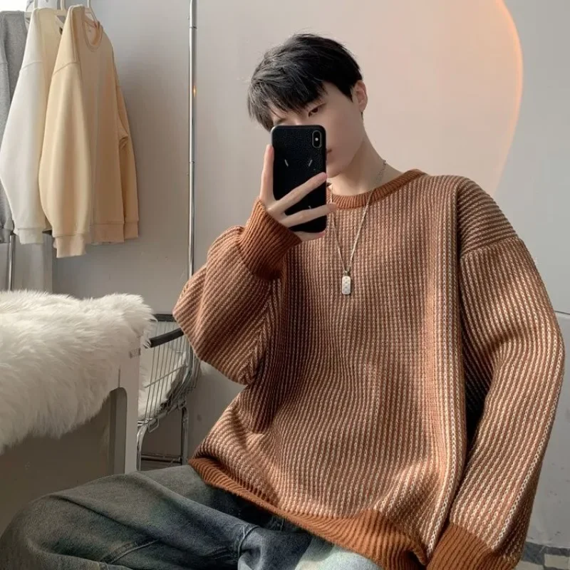 Lazy Style Pullovers Male Round Collar Striped Black Knitwear Leisure Cashmere Cheap Top Streetwear Cable Y2k Men's Knit Sweater