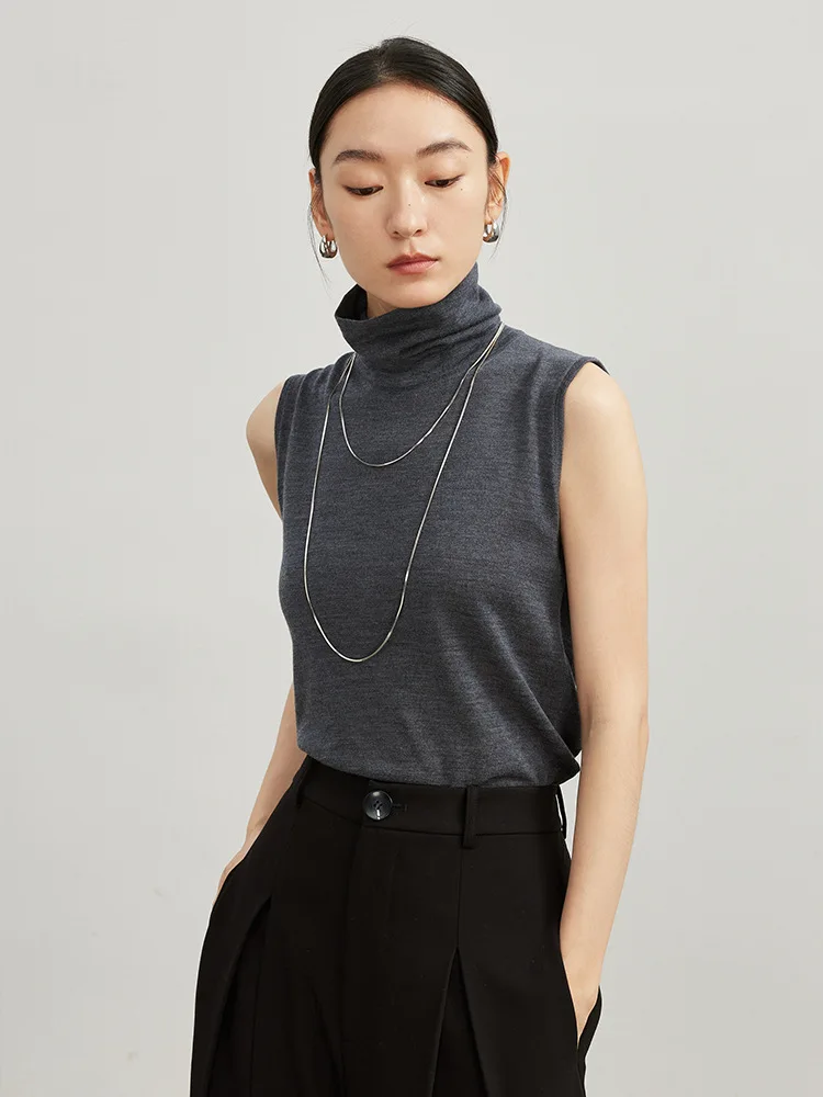 SuyaDream-Chaleco de cuello alto de lana merina para mujer, jerseys cómodos de hilo fino, suéteres elegantes de color negro carbón, 100%, otoño e