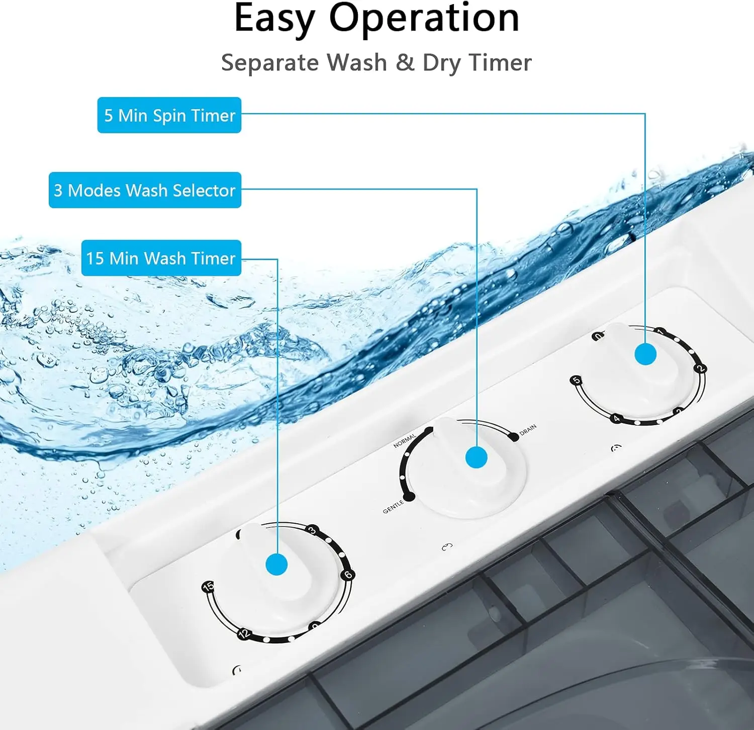 Portable Washing Machine, Twin Tub 26 Lbs Capacity, 18 Lbs Washer and 8 Lbs Spinner, Compact Washer with Control Knobs, Timer Fu