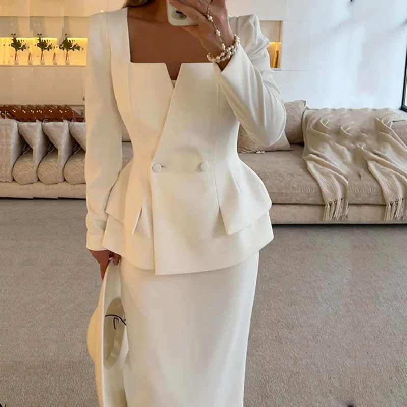 2024 Elegant Square Collar Long Sleeve Blazer&Long Skirts Suit Women Chic Double Breasted Jacket Work Outfit New Solid 2Pcs Suit