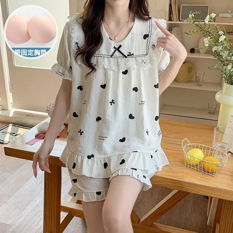 Ropa de dormir de flores con cojín, pijamas de verano para mujer, pantalones cortos de manga corta, conjunto de ropa de casa coreana para estudiantes de Japón y encaje pequeño dulce