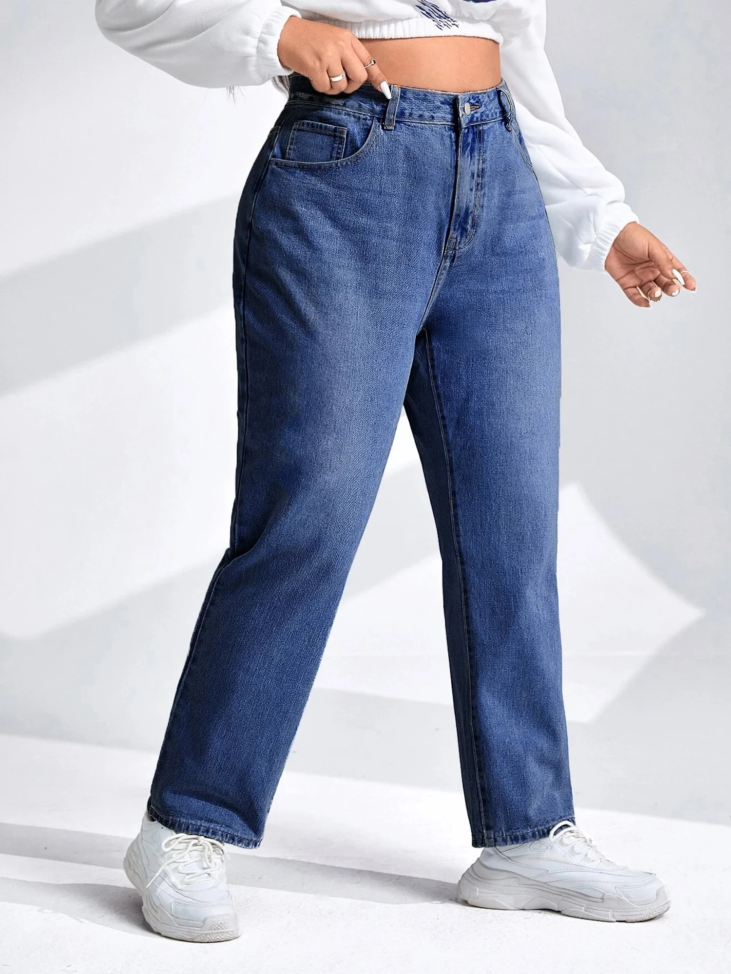 Pantalones vaqueros de talla grande para mujer, vaqueros de cintura alta, largos, elásticos, para primavera 2023