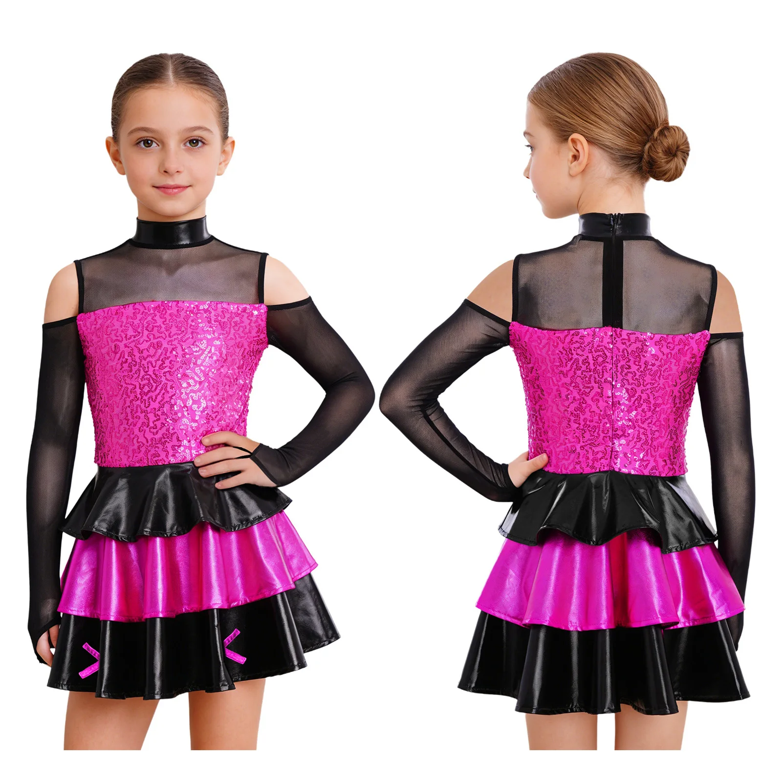 

Girls Shiny Metallic Jazz Tango Ballroom Stage Dance Performance Dress Long Sleeve A-line Jazz Tango Party Raves Dance Outfits