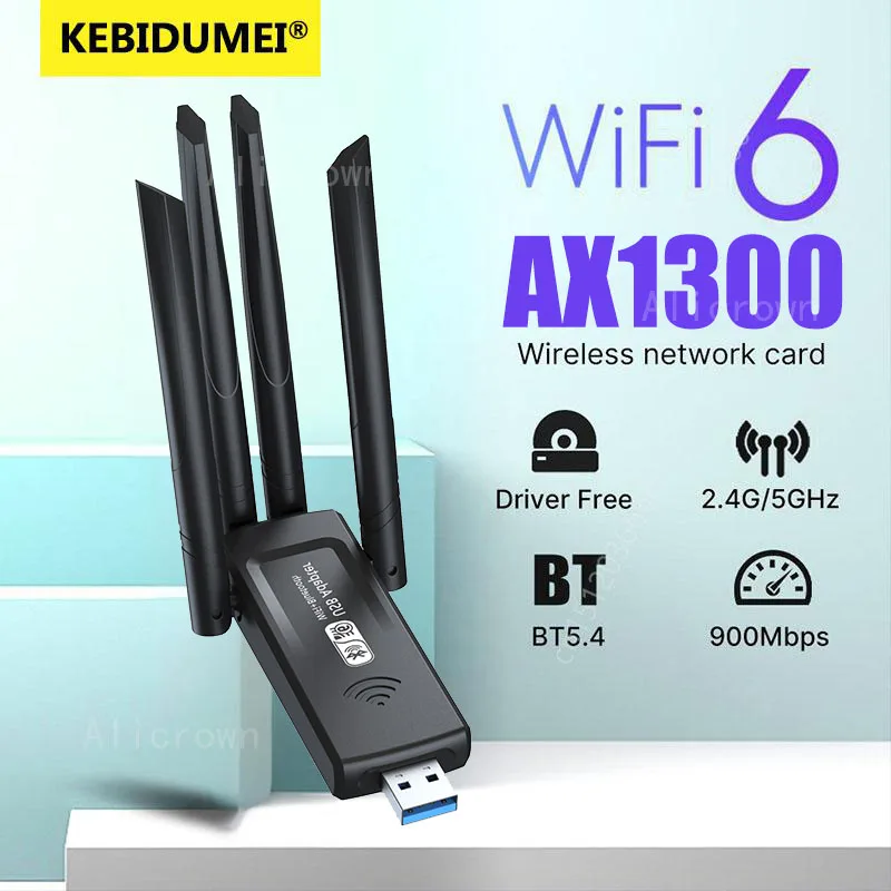 1300Mbps WiFi 6 Network Card 2.4G/5Ghz Bluetooth 5.4 Wi-Fi Dongle AX1300 USB 4-Antenna Wireless Receiver For PC/Laptop Win10/11