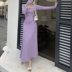 Elegant Square Collar Long Dress Female Clothing French Style Waist Bag Hip Spring Autumn Solid Color Chic Long Sleeve Dresses