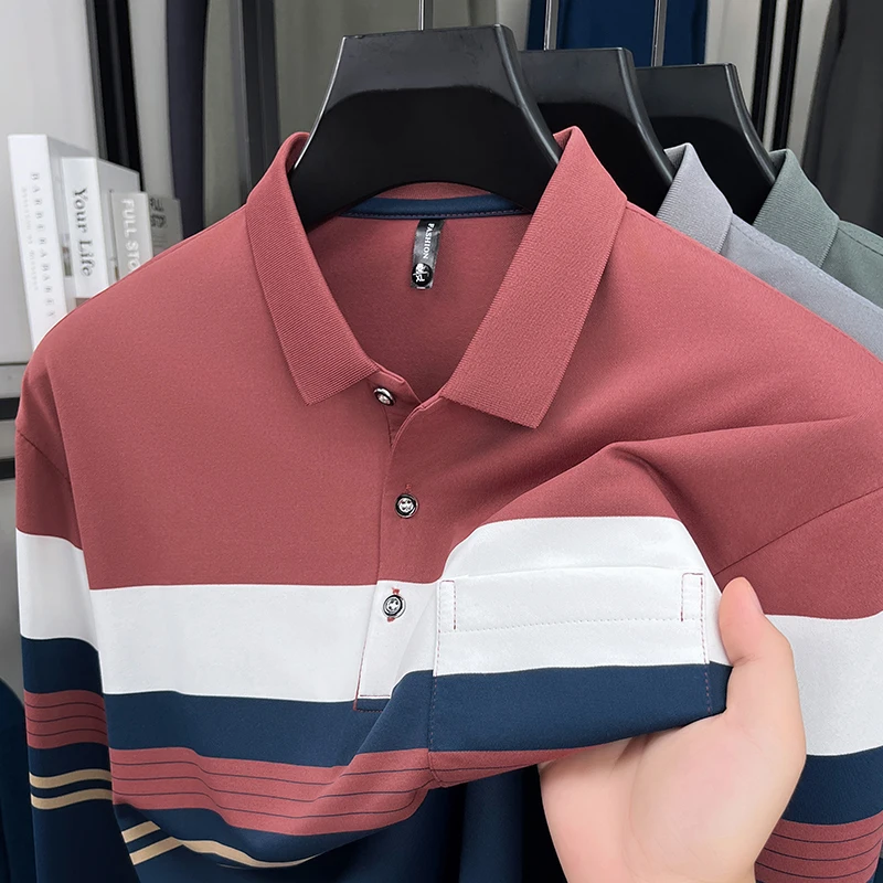 

Высококачественные полосатые длинными рукавами polo рубашки мужские легкие карманы комфортабельные модные футболки Люди среднего возраста отдых топы