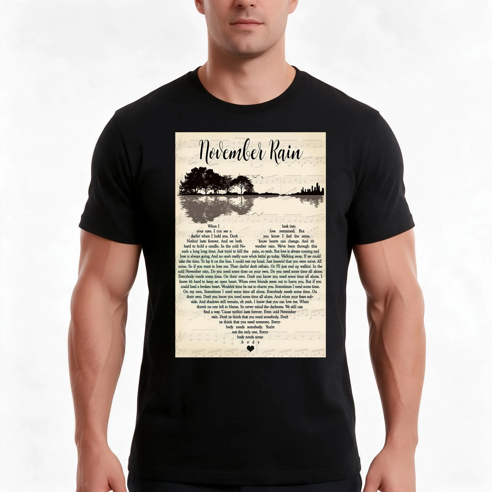 November Rain Lyrics Guitar Lake T-Shirt Summer Casual Cotton Tee Oversized Streetwear Tops Vintage Graphic Print